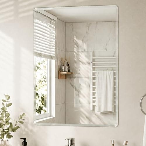 Image of Yezi Bathroom Wall Mirror, 60 x 45cm Rectangular Frameless Bevelled Edge Wall-Mounted Mirror with Pre-Drilled Holes, HD Glass Mirrors for Bathroom, Hallway, Bedroom