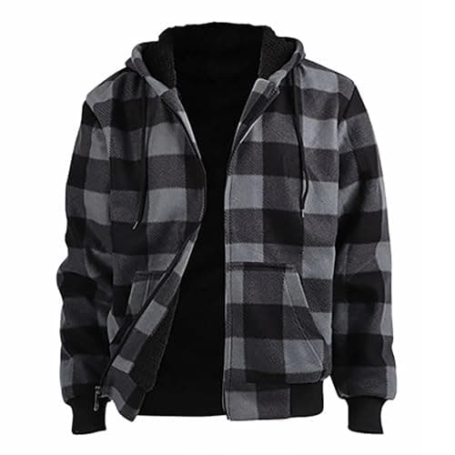 Image of Sherpa Hoodie Men's Softshell Fleece Lined Hoodies Full Zip Checked Cardigans Jacket Vintage Casual Sherpa Hooded Soft Warm Thick Cashmere Smart Coat Winter Outerwear Heavy Viking Sweatshirts Grey
