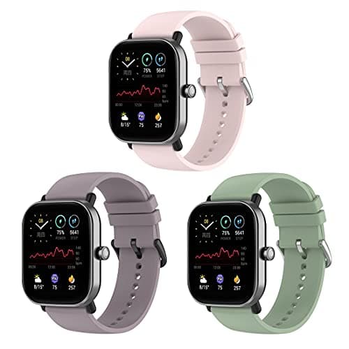 Image of BexidoIera 20mm Watch Strap Compatible with Amazfit GTS 3/GTS 4/GTS 4 mini/Amazfit Bip 3/Bip 3 Pro, 20mm Sport Silicone Quick Release Replacement Band Wristband, 3 Pack-Pink+Purple+Green