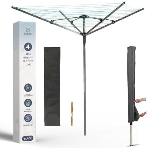 Image of CUQOO 4 Arm Folding Clothes Line in Black – 45m Heavy Duty Rotary Washing Line | Outdoor Rotary Clothes Dryer with Non-Slip Lining, Ground Spike, and Cover - Black