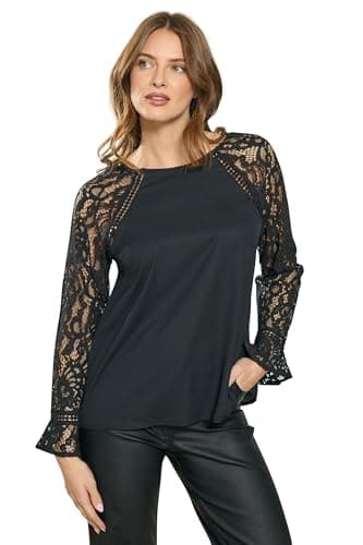 Image of M&Co Lace Flute Sleeve Blouse - Women's Black