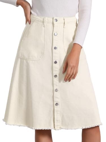 Image of Allegra K Women's Denim Skirts Raw Hem Button Down Midi Jeans Skirt Beige L