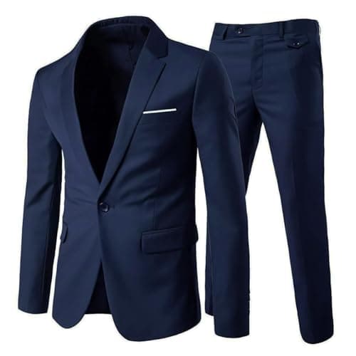 Image of Allthemen Mens Suits 2 Piece Slim Fit Wedding Dress Suit One Button Business Suit Blazer Jackets Trousers Navy M
