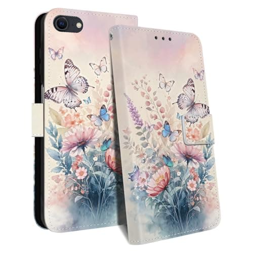 Image of HopMore for iPhone SE 2020 / iPhone SE 2022/7 / 8 Case, PU Leather Flip Wallet Case with Card Slot Kickstand Magnetic Closure Shockproof Cover with Cute Pattern Animal Design Phone Case, Butterfly
