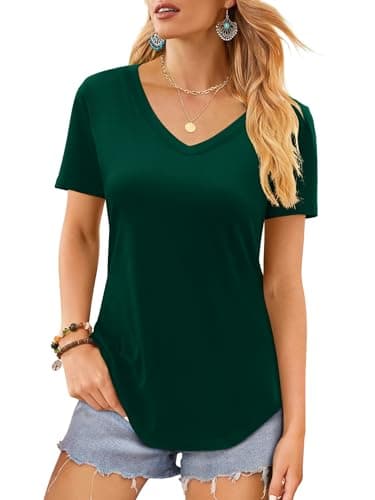 Image of Elesomo Women's T-Shirts Cotton V Neck Tops Summer Short Sleeve Tshirts Casual Tee, Dark Green L