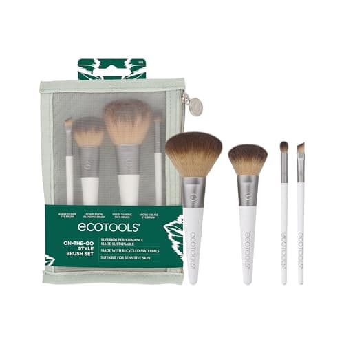 Image of EcoTools On-The-Go Makeup Brush Kit, Travel-Friendly Brush Set, Mini-Size Makeup Tools for Powders, Blush, Bronzer, & Eyeshadows, Eco-Friendly, Synthetic Bristles, Cruelty-Free & Vegan, 5 Piece Set