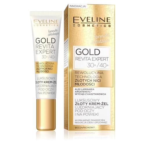 Image of Eveline Cosmetics Luxury Gold Firming Eye and Lid Cream Gel - Gold Revita Expert with Hyaluronic Acid, Blue Collagen, Silk Proteins & Damascus Rose Oil - 15 ml