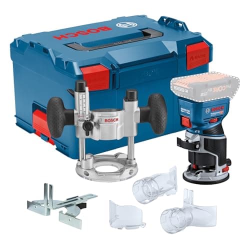 Image of Bosch Professional 18V System Cordless Router GKF 18V-8 (incl. Parallel Guide, 2X vac adaptors, chip Shield, 8mm Collet, 2X Plunge Base vac adaptors, L-BOXX)
