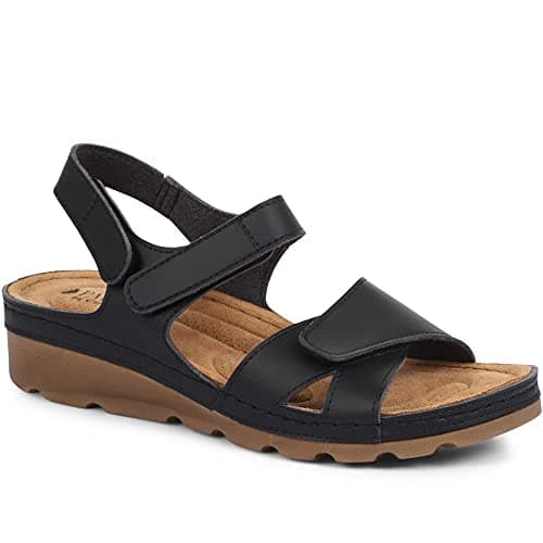 Image of Pavers Women's Sandals in Black with Adjustable Soft Straps - Memory Foam Suede Footbed - Comfortable Fit Lightweight Footwear - Size UK 6 / EU 39