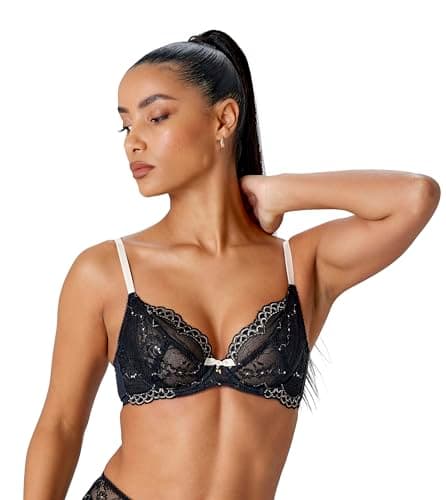 Image of Gossard Women's Superboost Lace Non-Padded Plunge Bra, Black (Black/Ivory Rose), 36E