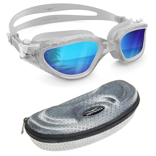 Image of AqtivAqua Polarized Swimming Goggles Swimming Adult and Kids Swimming Goggles Kids 6-14 Men Women Swim Goggles Childrens Boys Girls DX-R (Transparent White, Silver case, Polarized+Mirror lens)