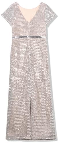 Image of Adrianna Papell Womens Column Sequin Gown, Silver/Nude, 18