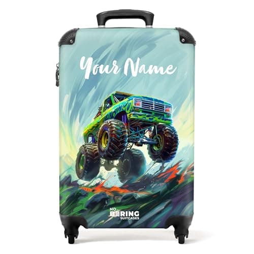 Image of NoBoringSuitcases.com® Children's Luggage Kids Suitcase for Boys - Personalised Cabin on Wheels - Green Monster Truck - Brush Strokes - Customisable - 55x40x20cm - Hard Shell - 20 Inch - 10kg