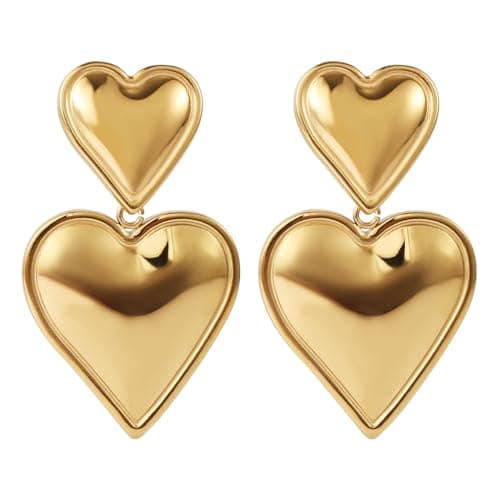 Image of Double Heart Earrings, Trendy Statement Heart Shaped Drop Dangle Earrings Lightweight Gold Plated Cute Love Heart Earrings Jewelry Gift for Women and Girls