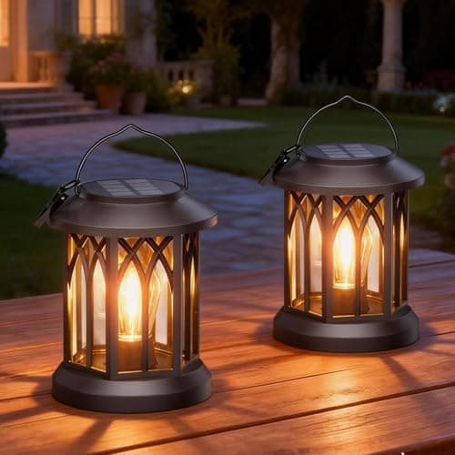 Image of KOOPER Solar Lights Outdoor Garden, 2 Pack Hanging Solar Lanterns with LED Bulds, Waterproof Garden Ornaments Outdoor Lantern Lights for Decoration Yard Pathway Patio
