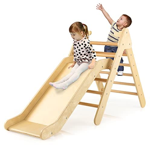 Image of COSTWAY Toddler Climbing Frame, Kids Wooden Montessori Triangle Climber with Adjustable Ramp, Indoor Play Gym for Boys Girls