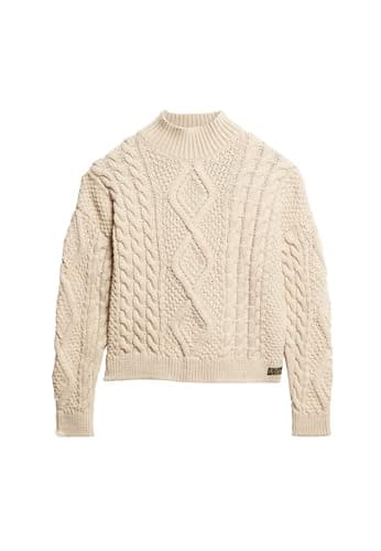Image of Superdry Aran Cable Knit Polo Jumper W6110547A Ecru Size 14, Ecru, UK 14