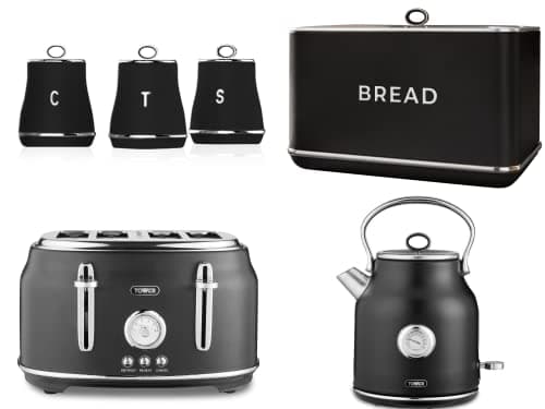 Image of Tower Renaissance 1.7L 3KW Kettle, 4 Slice Toaster, Bread Bin & Canisters Matching Kitchen Set of 6 in Black