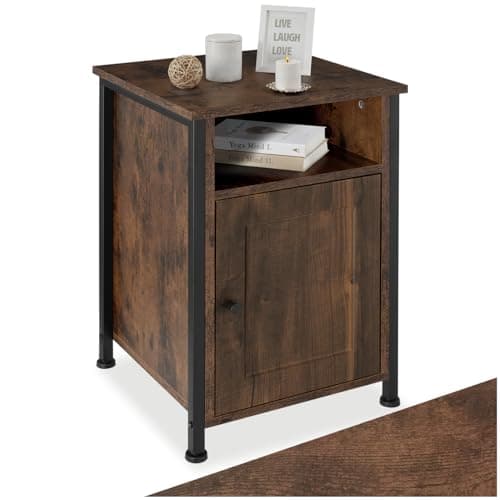 Image of tectake® Bedside Table with Cupboard & Open Storage Compartment, Bedside Cabinet with Steel Frame & Wood-Look Surfaces, Compact Side Table for Bedroom, Living Room, 40 x 42 x 60.5 cm - Dark Wood