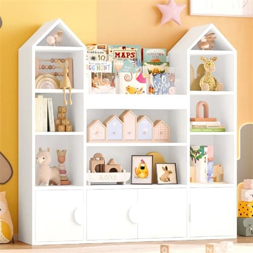 Image of IRONCK Kids Toy Storage Unit Childrens Bookcase Toy Organiser Kids Bookshelf 4 Doors, 10 Open Shelves, Castle Top, Sliding Book Shelves, for Nursery Playroom,123.5x33x127cm (White)