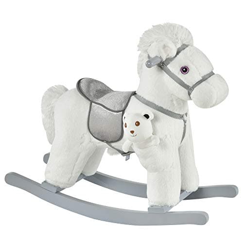 Image of HOMCOM Kids Plush Ride-On Rocking Horse Toy Rocker with Plush Toy Realistic Sounds for Child 18-36 Months White