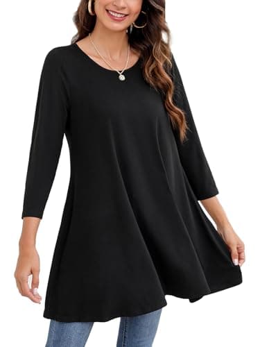 Image of Enmain Black Tunic Top for Women Causal Long Sleeve Longline Blouse Swing Tunic Top Loose Blouse T Shirt Round Neck Stretch Comfortable Holiday XL