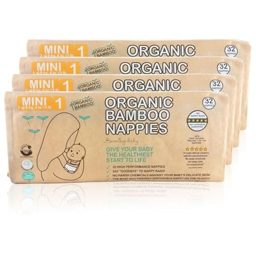 Image of Beaming Baby Organic Bamboo Nappies - Size 1 (2-6 kg / 4-13 lbs), 4 X 32 Nappies (128 Total) | Monthly Pack, Ultra Soft Nappies for Sensitive Skin | Give Your Baby The Healthiest Start to Life