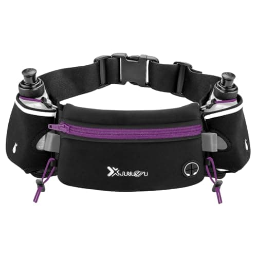 Image of Number-one Running Belt with Water Bottles(2 x 175ML), Hydration Belt Waterproof Waist Pack Bag Fits iPhones Adjustable Sports Waist Pouch for Marathon Running Hiking Cycling, Purple
