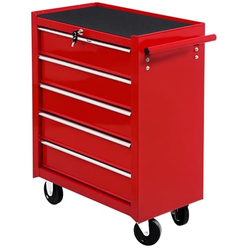 Image of HOMCOM 5 Drawer Tool Box, Lockable Steel Tool Chest on Wheels, Rolling Chest Cabinet with 5 Drawers and Handle for Workshop, Garage, Red
