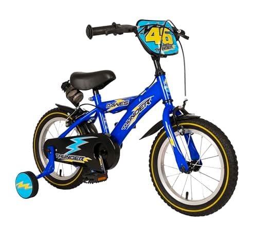 Image of Dawes Thunder 14" Kids Bike | Junior Style kids boys Bicycle | single Speed, Adjustable Height, stabilisers, number plate, water bottle and cage | Blue | Ages 3+