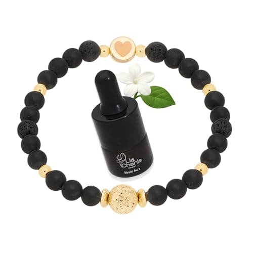 Image of Lia Chahla London Black Onyx & Lava Rock Bracelet for Women with Mystic Aura Essential Oil – Aromatherapy Diffuser Stretch Bracelet – Crystal Healing Jewellery Gift Set (Black Onyx, Large 20cm)
