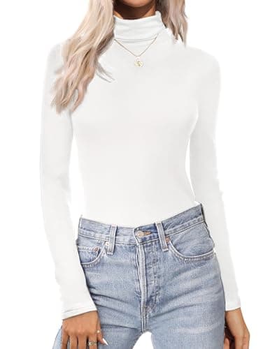 Image of Zeagoo Turtleneck Top Womens Long-Sleeve Roll Neck Jumpers Fall Winter Classic Lightweight Tee Tops Solid Stretchy Undershirt Outfits White M