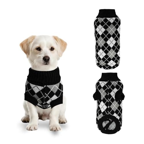 Image of PawSailor Extra Small Dog Jumper Knitted Plaid Pattern Winter Warm Puppy Pullover Turtleneck Cat Jumper Soft Comfortable Pet Clothes for Kitten, Toy Poodle, Chihuahuas, Yorkies, Black XS