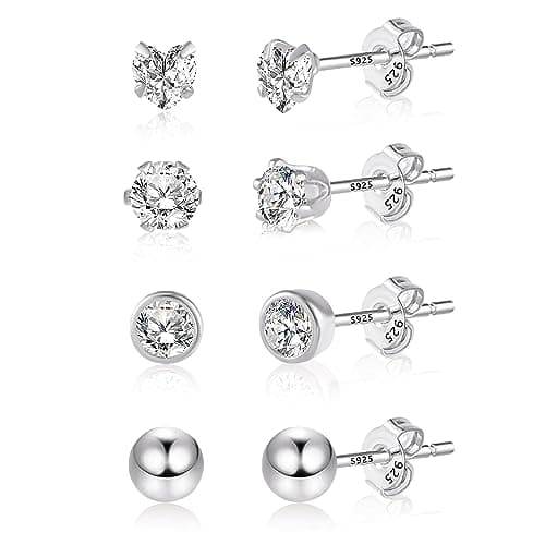 Image of ASH'S CHOICE Sterling Silver Stud Earrings Set, 4 Pairs Multipack Small Stud Earrings for Women, Hypoallergenic 925 Sterling Silver Zircon Diamond Ball Heart Studs Cartilage Piercing Earrings