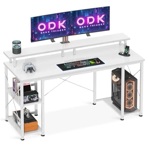Image of ODK Computer Desk With Monitor Stand, 120 x 50 cm Office Desk With Storage Shelves for Home Office, Study Table for Small Space, White