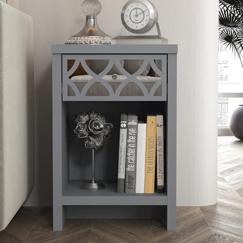 Image of Galano Iris 1 Drawer Side Table – Modern Cool Grey Lamp Table with Acrylic Mirror Drawer – Storage Cabinet for Hallway, Entryway or Living Room