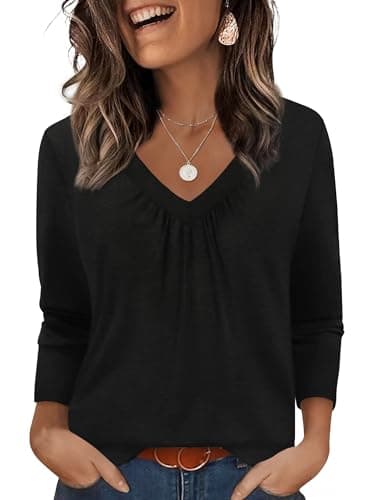 Image of Aokosor Ladies Tops 3/4 Sleeve Pleated Front V Neck Womens Blouses Tunic Shirts Dressy Casual Office Wear Size 10-12 Black