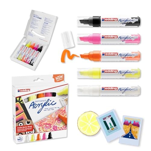 Image of edding 5000 Acrylic Marker Broad - neon Colours - Acrylic Paint Markers 5-Pack (neon) - 5-10mm Chisel Nib - Acrylic Marker for Painting on Canvas, Wood - Acrylic Marker Waterproof