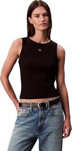 Image of Calvin Klein Women’s Woven Label Cotton Rib Tank Top with Logo, Black (Black), L