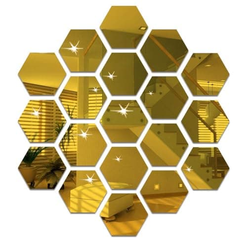 Image of RHQFDM 12 Piece Honeycomb Wall Mirror Sticker, Gold Acrylic Mirror, Hexagonal Wall Mirror Stickers, Self-Adhesive, Modern Gold Accent, Bathroom Home Bedroom Living Room Decor