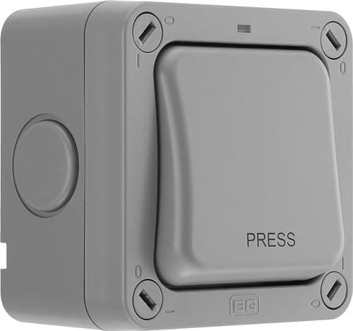 Image of BG Electrical Outdoor Retractive Single Wall Press Switch with LED Indicator, Weatherproof Storm, 2 Way, Grey, 20A, IP66 Rated, WP14