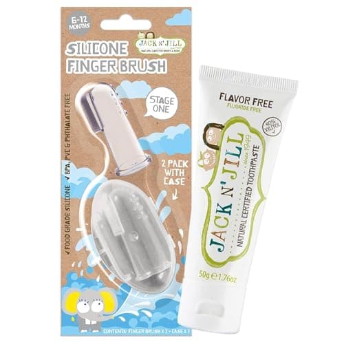Image of Jack N' Jill Stage 1 Silicone Toothbrush and Toothpaste for Babies and Toddlers, Natural Unflavored Toothpaste, Bundle - Baby Toothbrush 6-12 Months, Case