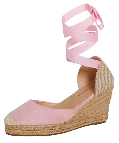 Image of Lora Dora Womens Espadrille Wedge Sandals Ladies Strappy Hessian Wedges Summer Shoes Ankle Tie Leg Straps Pink 6 UK