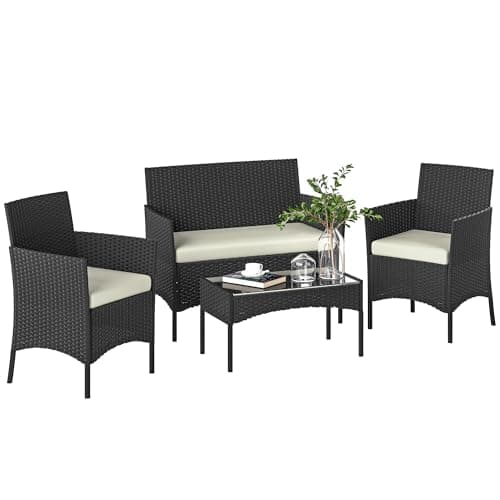 Image of Outsunny 4 Seater Rattan Garden Furniture Set, 4 Piece Garden Sofa Set with Loveseat, Armchairs, Glass-Top Coffee Table, Cushions, Wicker Outdoor Furniture for Conservatory Patio, Cream White