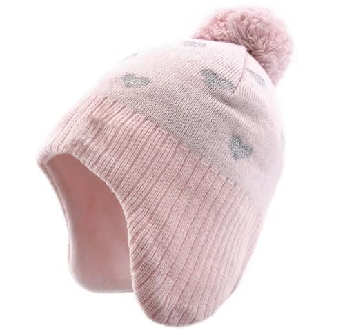 Image of XYIYI Pink Heart Kids Baby Knitted Hat Toddler Winter Warm Fleece Lining Pompom Beanie Hat for 4-7 Years Old Boys Girls