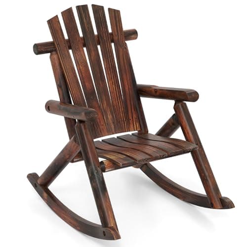 Image of COSTWAY Adirondack Rocking Chair, Solid Wood Porch Rocker High Back Leisure Armchair, Traditional Outdoor Relax Deck Chairs for Garden, Patio, Balcony and Yard (1, Brown)