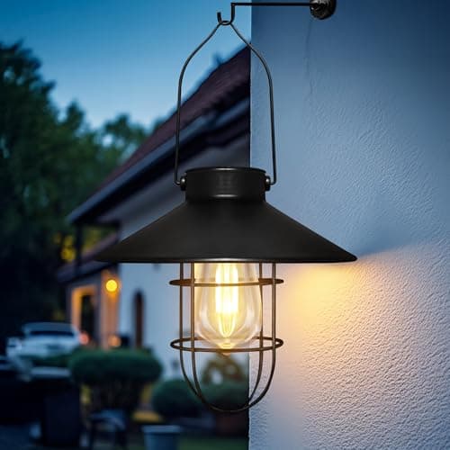 Image of Outdoor Solar Hanging Lanterns Vintage Light with Warm LED Bulbs for Garden Yard Patio Pathway Tree Decoration, Solar-Powered Landscape Lighting (Black)