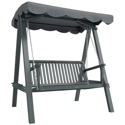 Image of Outsunny 2 Seater Garden Swing Seat with Canopy, Wooden Swing Chair, Outdoor Hammock Bench for Balcony Patio Porch, Grey
