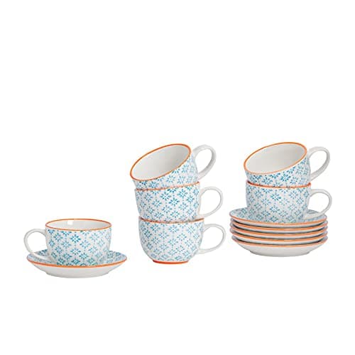 Image of Nicola Spring Hand Printed Cappuccino Cups with Saucers - 250ml - 12pc Blue Porcelain Cappuccino Cups and Saucer Set Coffee Mugs with Handle and Plate