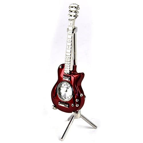 Image of Miniature Ornamental Guitar Novelty Red Tone Collectors Clock on Stand 9029